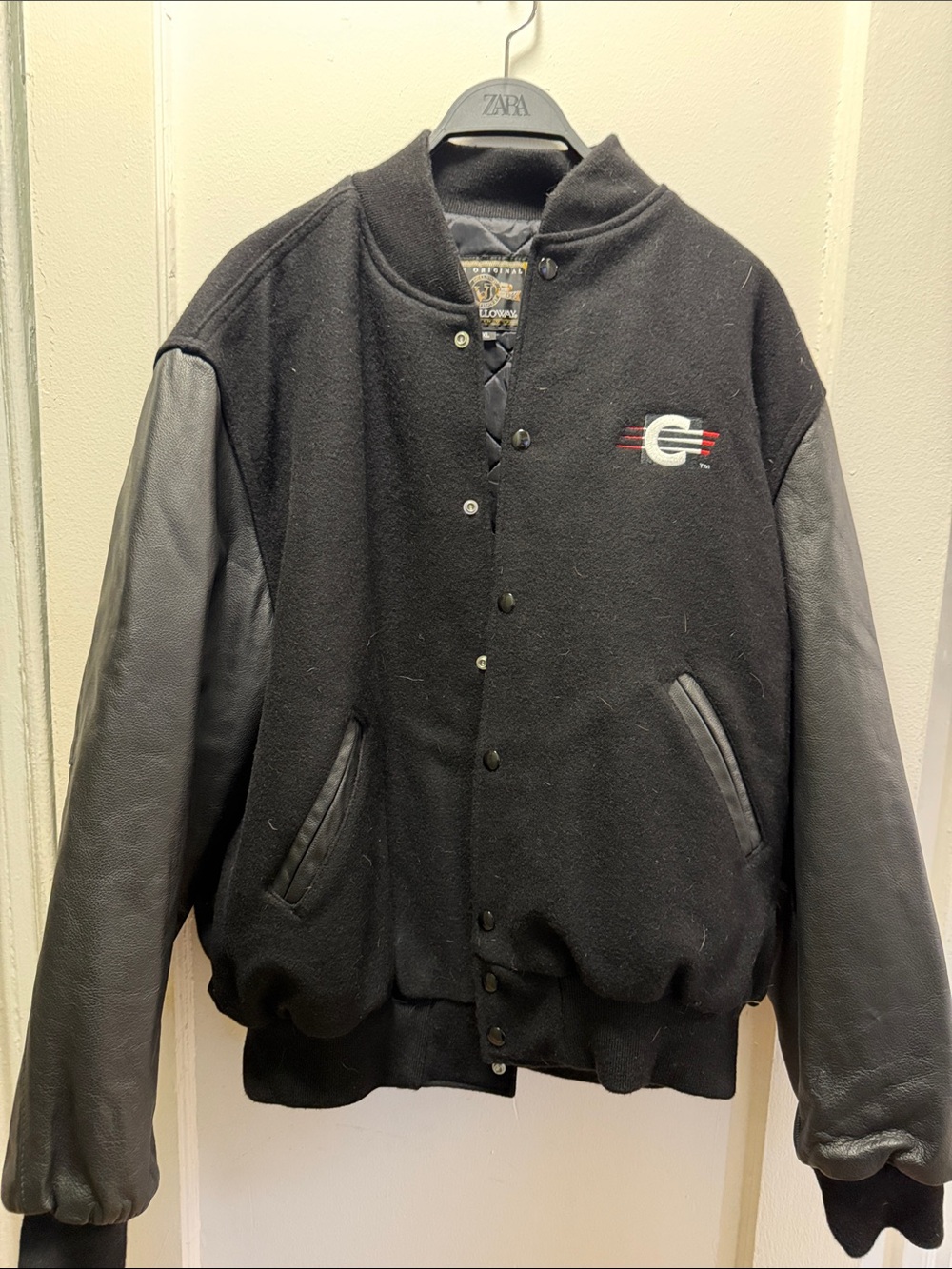 Holloway Black Wool Varsity Jacket with Leather Sleeves
